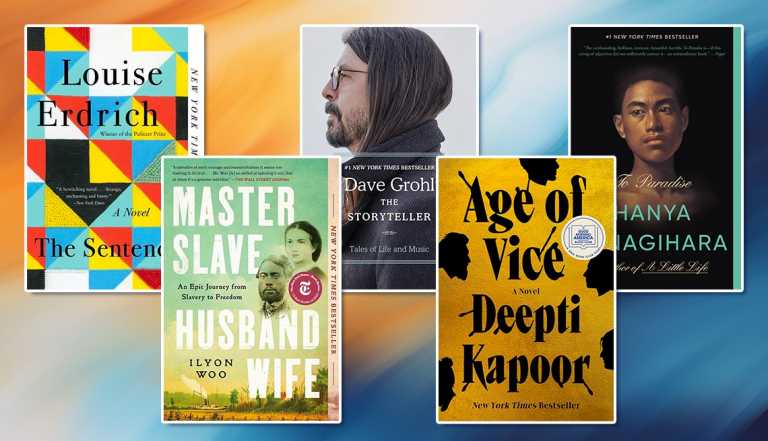 from left to right the sentence by louise erdrich then master slave husband wife by ilyon woo then the storyteller by david grohl then age of vice by deepti kapoor then to paradise by hanya yanagihara