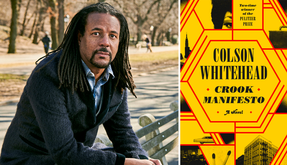 left author colson whitehead right book cover for crook manifesto by colson whitehead