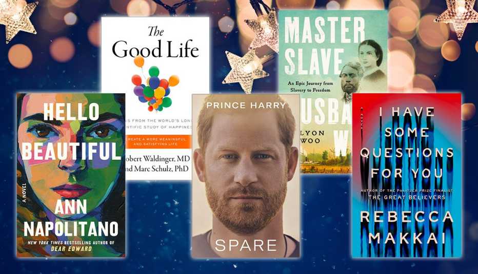 from left to right hello beautiful by ann napolitano then the good life by robert waldinger and marc shulz then spare by prince harry then master slave husband wife by ilyon woo then i have some questions for you by rebecca makkai