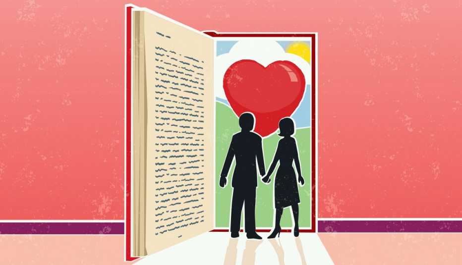 an illustration of a couple in front of an open door that is a book looking at a heart in the distance