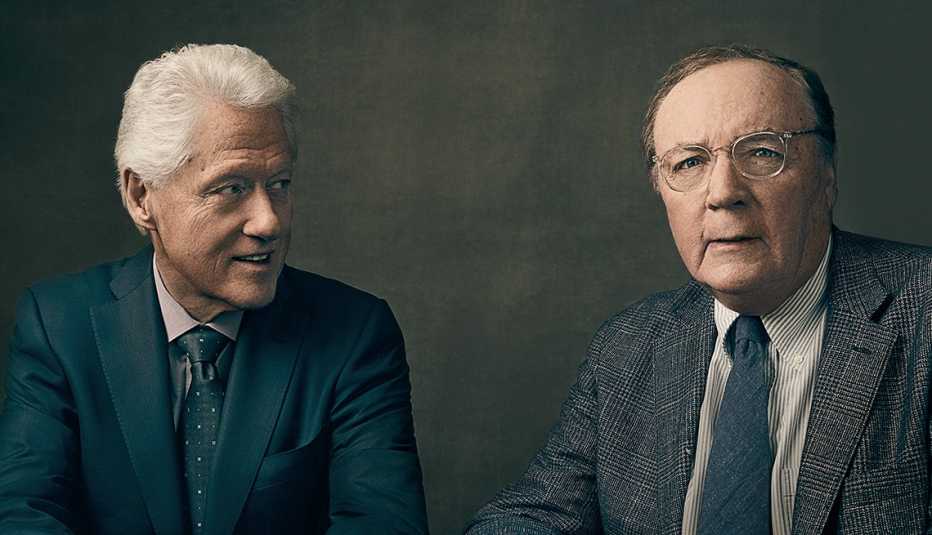 Bill Clinton and James Patterson photographed in front a background. 