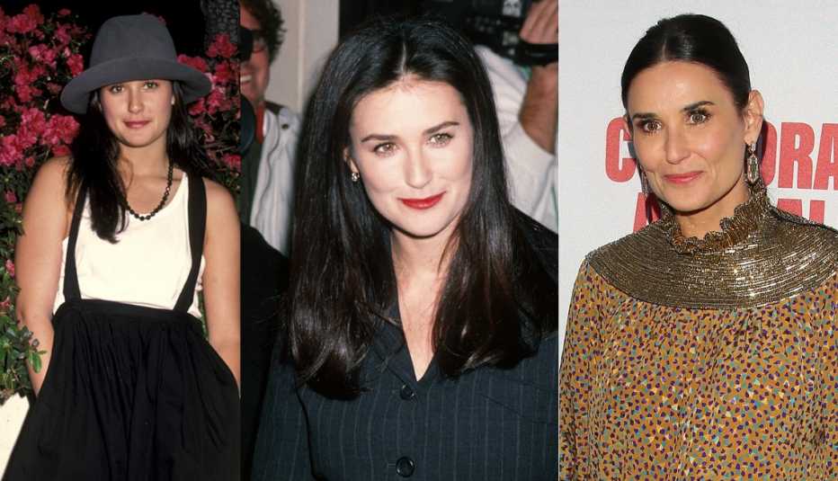 three photos of Demi Moore from the 1980s-present