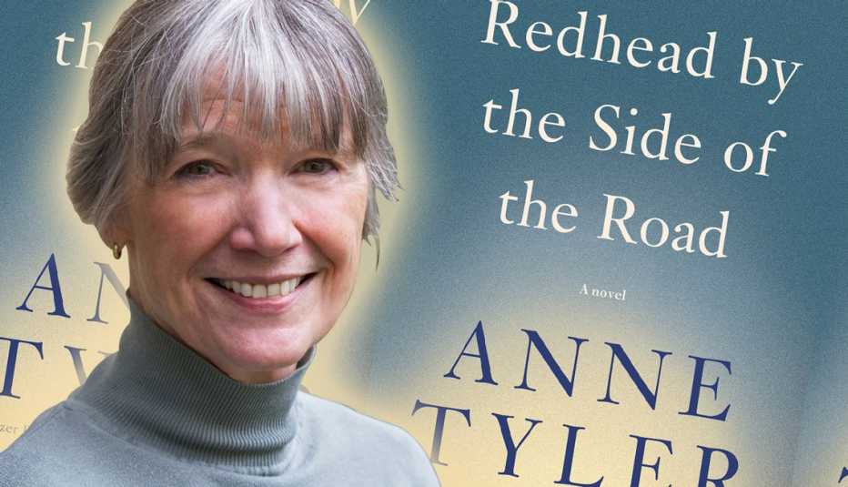 author anne tyler in front of the cover of her newest release titled redhead by the side of the road