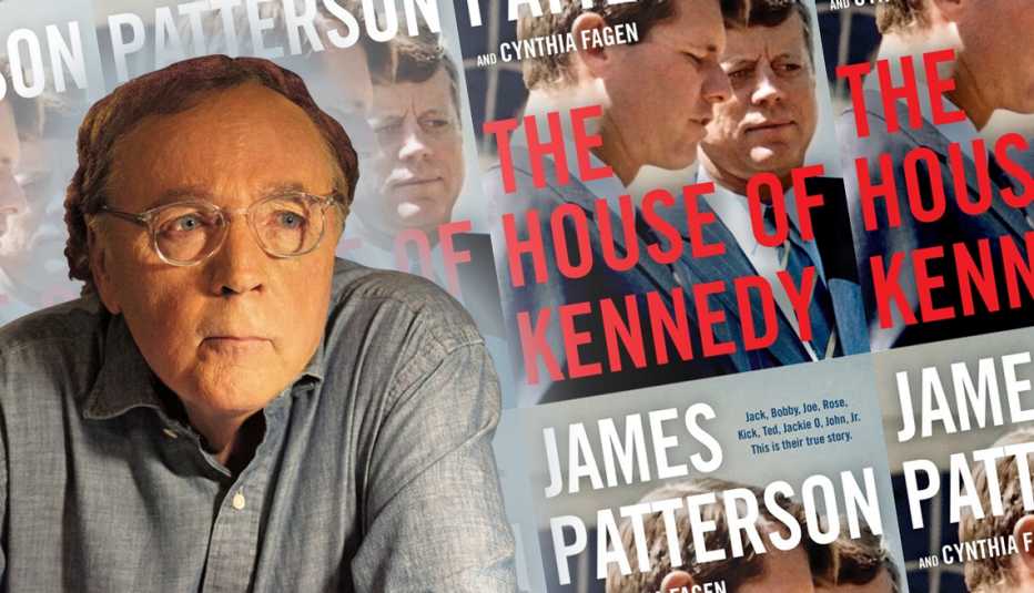 author james patterson in front of a graphic of his latest release titled the house of kennedy