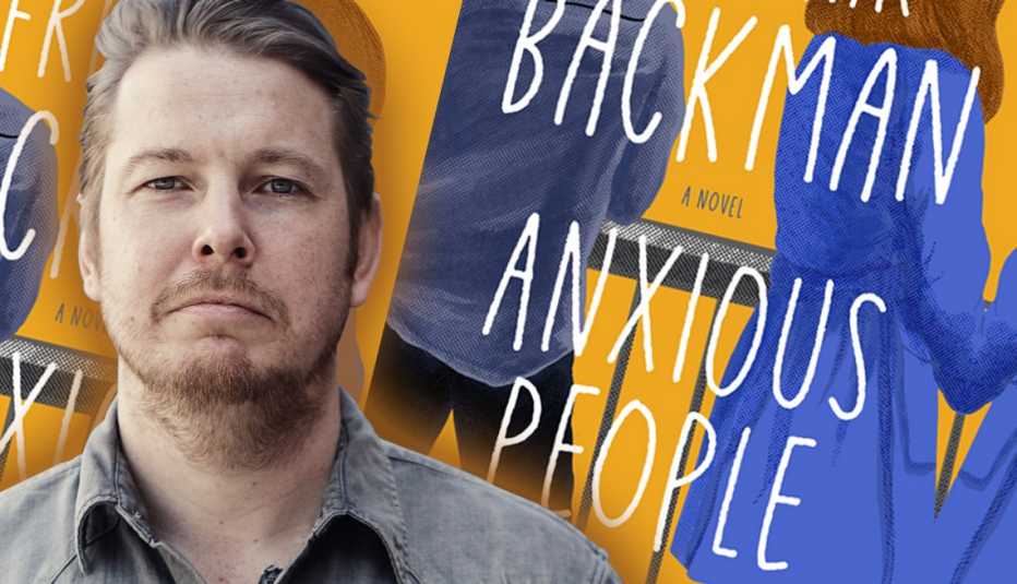 author frederik backman in front of an image of his latest book titled anxious people
