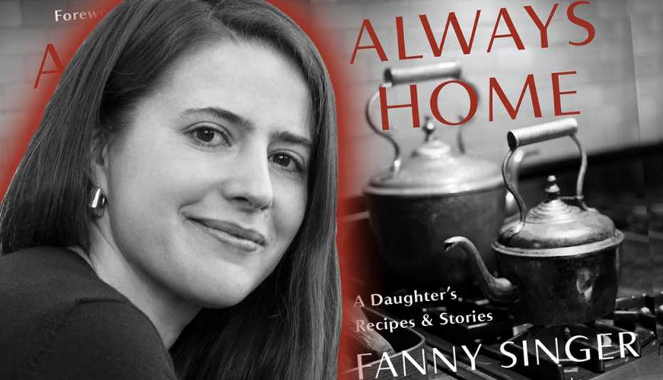 Author fanny singer in front of the cover of her latest book titled always home
