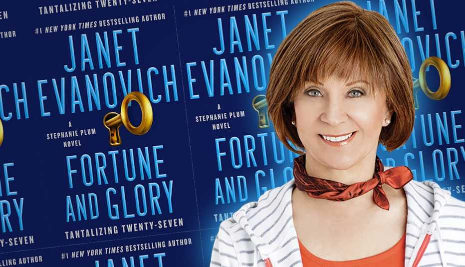 author janet evanovich and the cover of her latest book titled fortune and glory