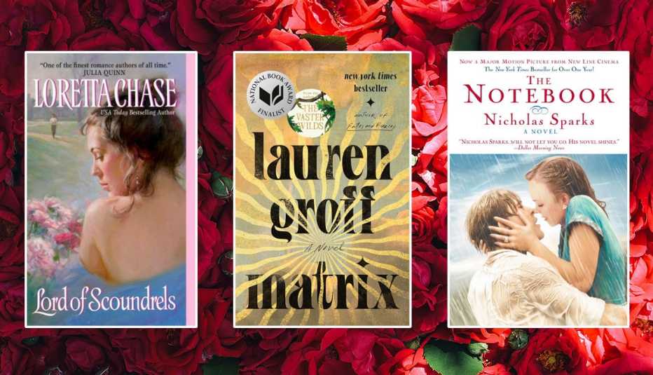 Lord of Scoundrels, Matrix and The Notebook book covers on a background of red roses