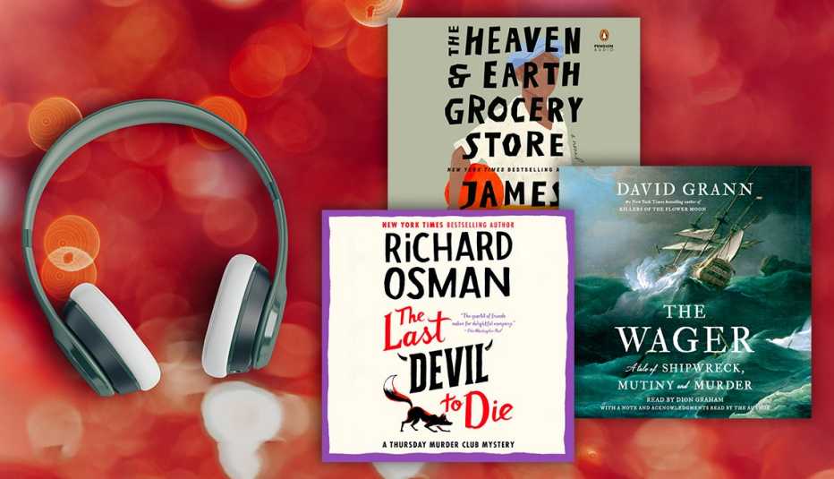 a pair of headphones next to three audiobook covers the last devil to die by richard osman then the heaven and earth grocery store by james mcbride then the wager by david grann