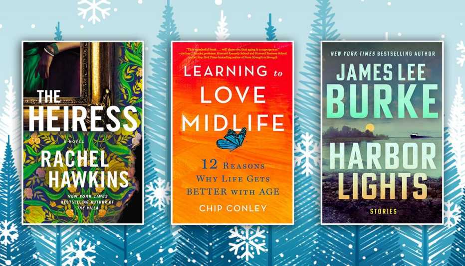 from left to right the heiress by rachel hawkins then learning to love midlife by chip conley then harbor lights by james lee burke