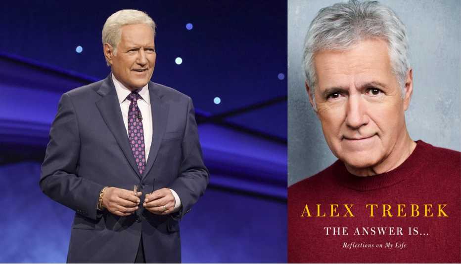 alex trebek on the jeopardy game show set and the cover of his memoir titled the answer is