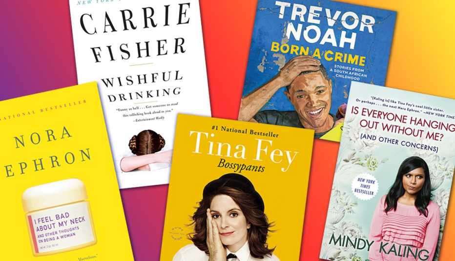 collection of book covers of memoir books by nora ephron carrie fisher tina fey trevor noah and mindy kaling