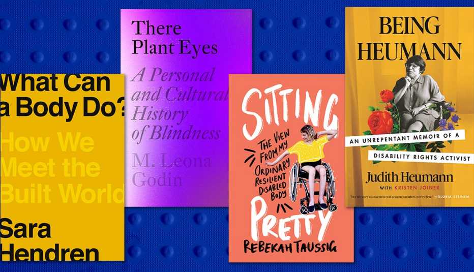 four books on disability from left what can a body do there plant eyes sitting pretty and being huemann