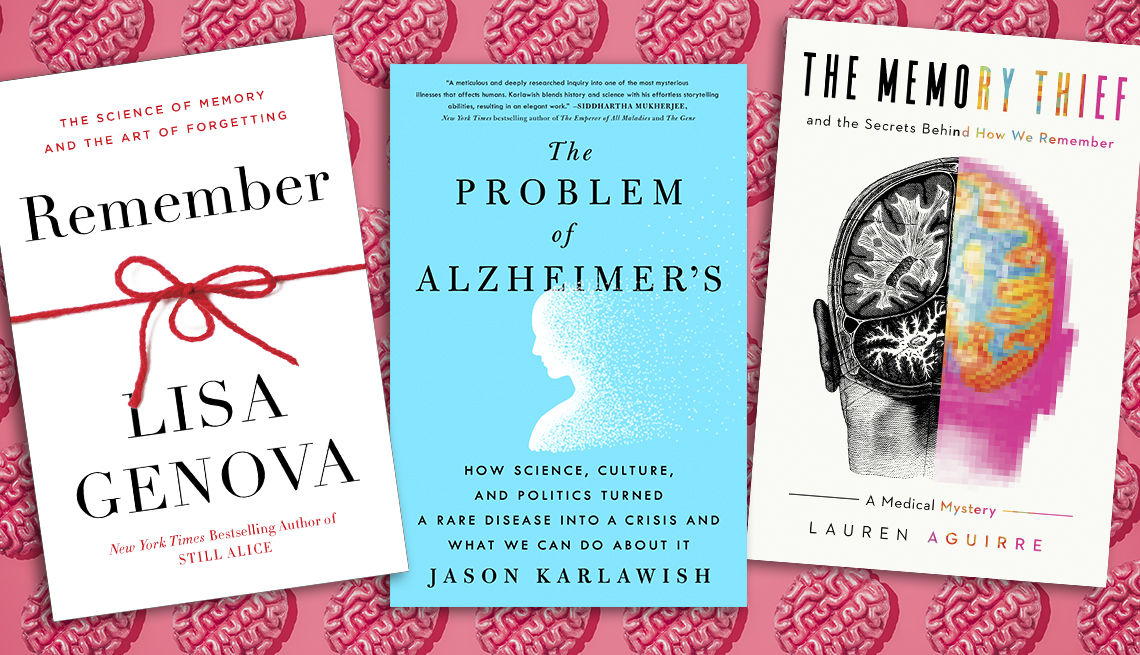 three books about memory and brain health on top of a graphic of brains in rows on pink background