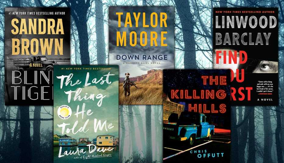 five thriller books including blind tiger by sandra brown and the last thing he told me by laura dave and down range by taylor moore and the killing hills by chris offutt and find you first by linwood barclay