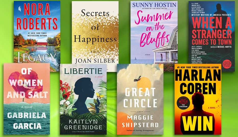fiction book covers pictured include new titles by nora roberts joan silver sunny hostin kaitlyn greenidge maggie shipstead harlan coren gabriela garcia and a mystery compilation of short stories 