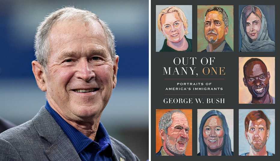 president george w bush alongside his new book of paintings titled out of many one
