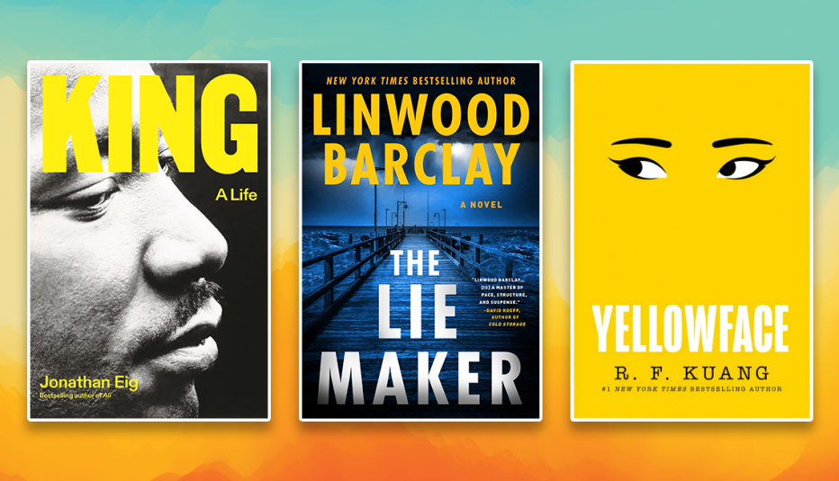 Three book covers, King by Jonathan Eig, The Lie Maker by Linwood Barclay, and Yellowface by R. F. Kuang