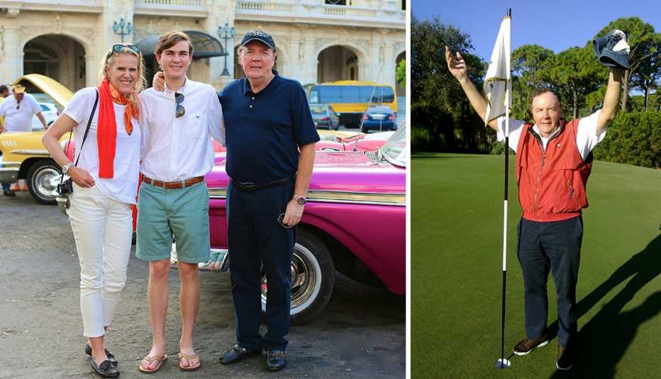 james patterson with his wife and son and on the golf course