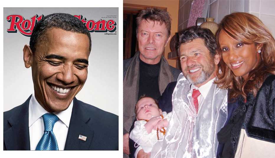 rolling stone cover with barak obama in two thousand eight and jann wenner with baby flanked by david bowie and iman in two thousand five