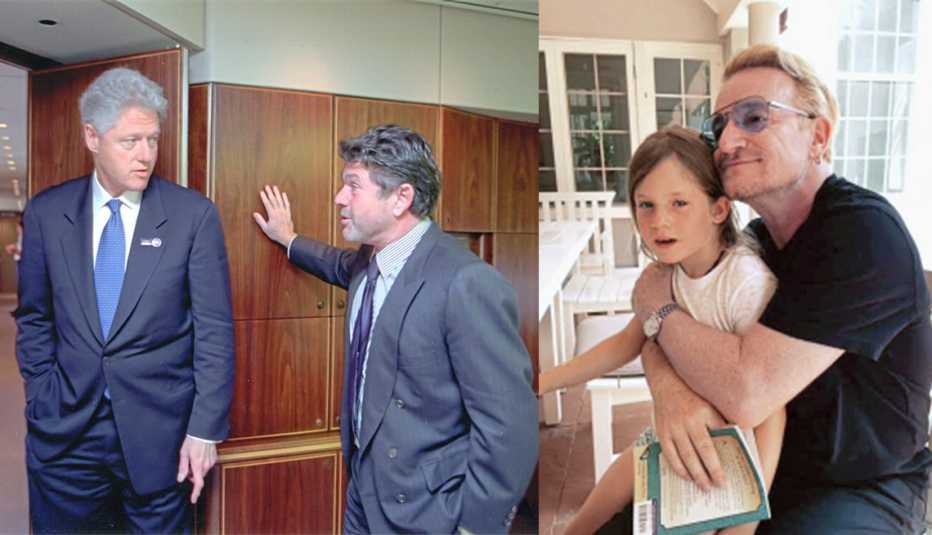 bill clinton and jann wenner in two thousand and bono hugging wenners daughter and his goddaughter india rose in twenty sixteeen