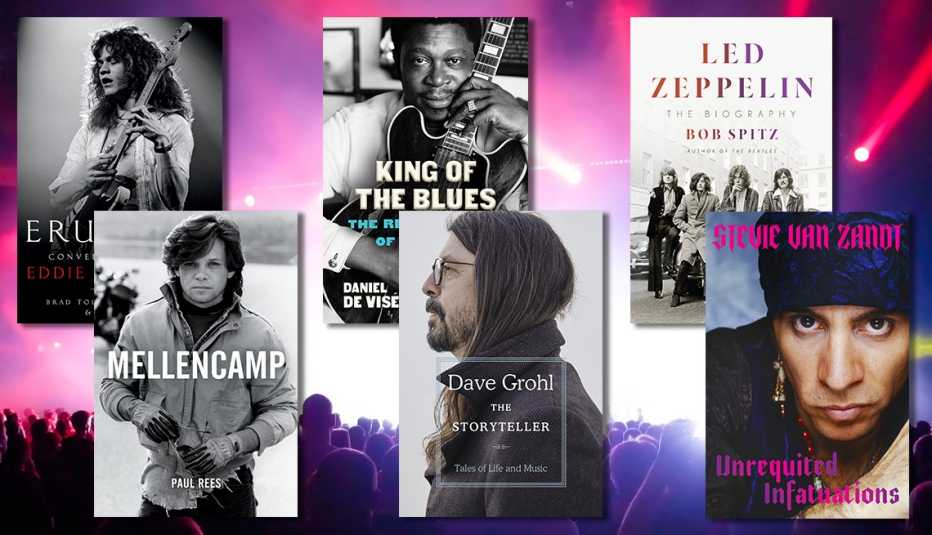 from left to right books about eddie van halen and john mellencamp and b b king and dave grohl and led zeppelin and stevie van zandt
