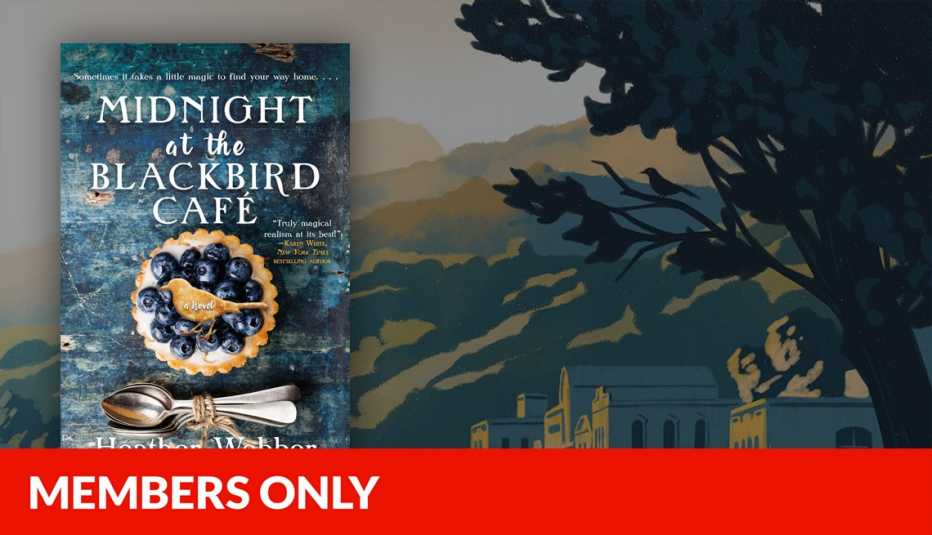 cover of Midnight at the Blackbird Cafe by Heather Webber overlaid on an illustration depicting buildings on a small-town street with mountains behind them and a tree with birds in its branches, members only access banner across bottom
