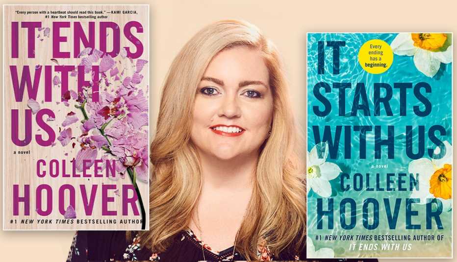 Author Colleen Hoover and her two most recent novels, It Ends With Us and It Starts With Us