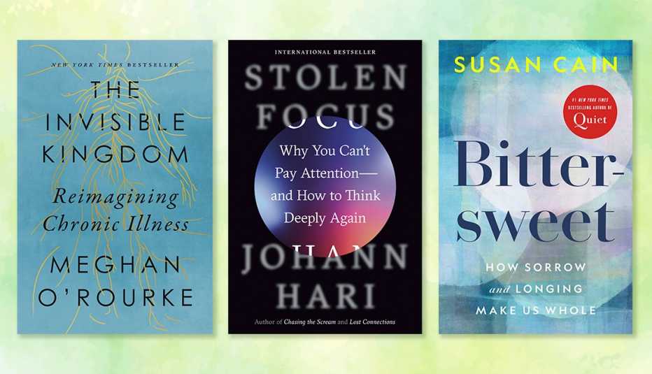 from left to right the invisible kingdom by megan o rourke then stolen focus by johann hari then bitter sweet by susan cain