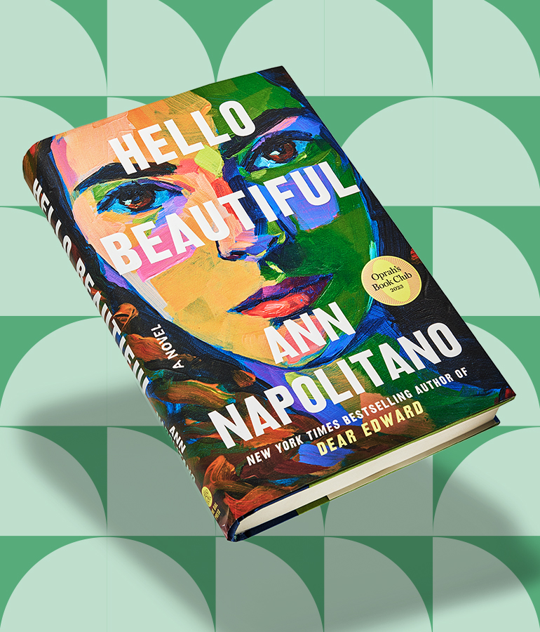hello beautiful by ann napolitano book floating above a green patterned background