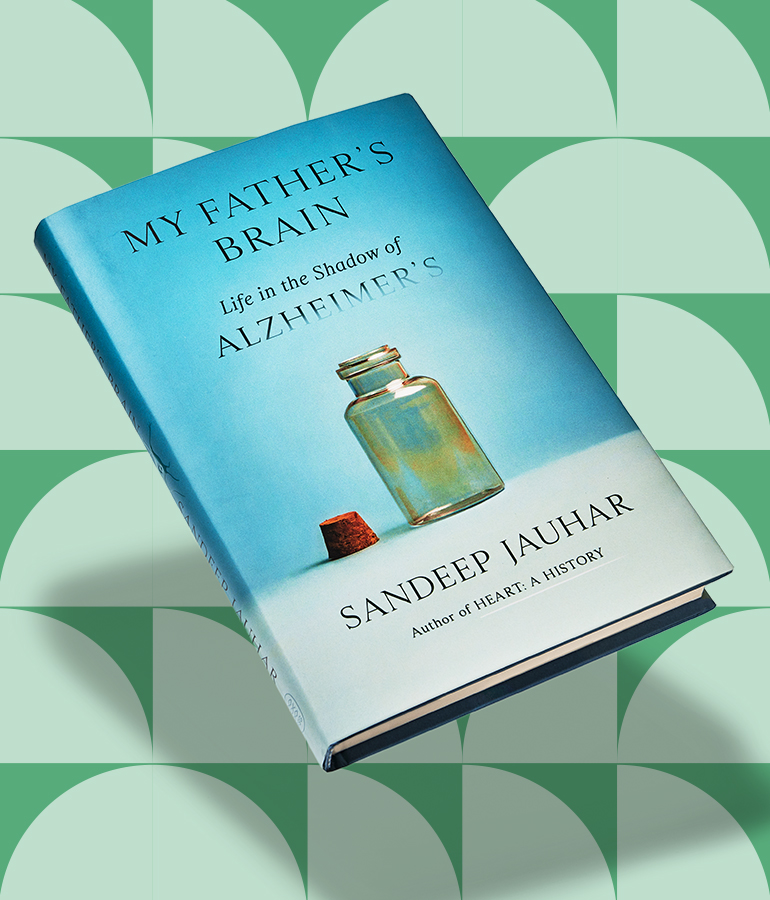 my father’s brain by sandeep jauhar book floating above a green patterned background