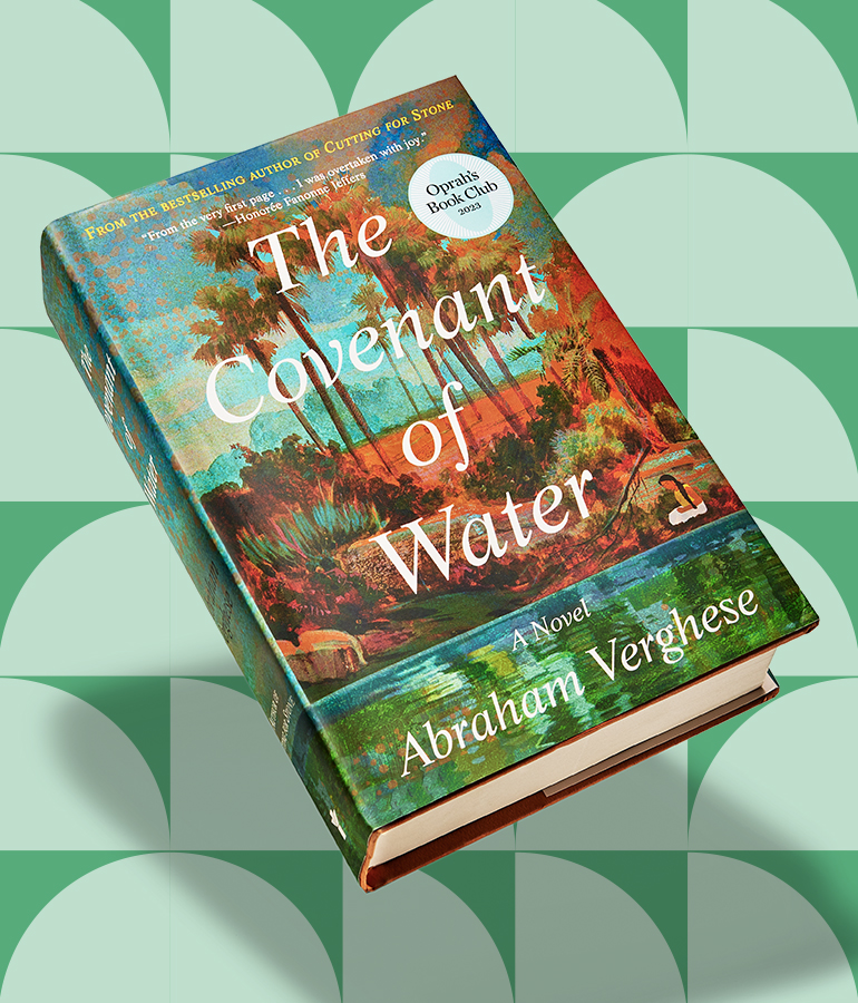 the covenant of water by abraham verghese book floating above a green patterned background

