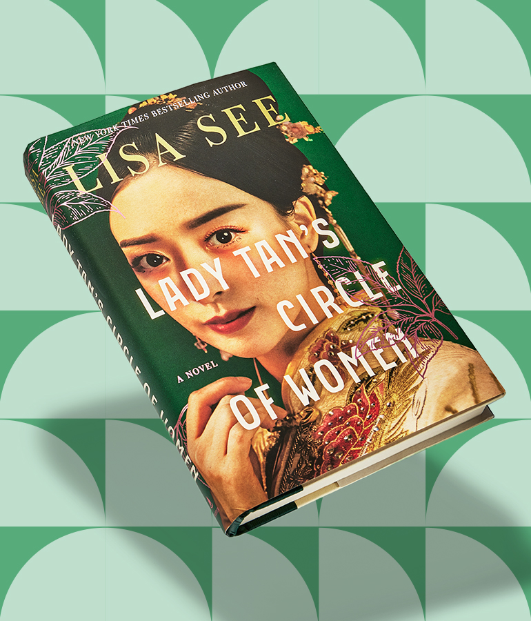 lady tan’s circle of women by lisa see book floating above a green patterned background
