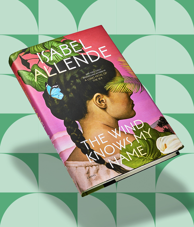 the wind knows my name by isabel allende book floating above a green patterned background
