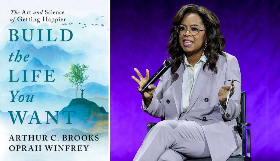 left book cover of build the life you want by arthur c brooks and oprah winfrey right oprah winfrey speaking at cinemacon twenty twenty three