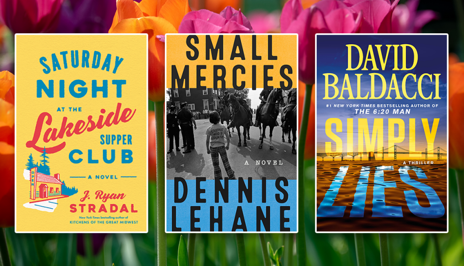 from left to right book covers saturday night at the lakeside supper club by j ryan stradal then small mercies by dennis lahane then simply lies by david baldacci