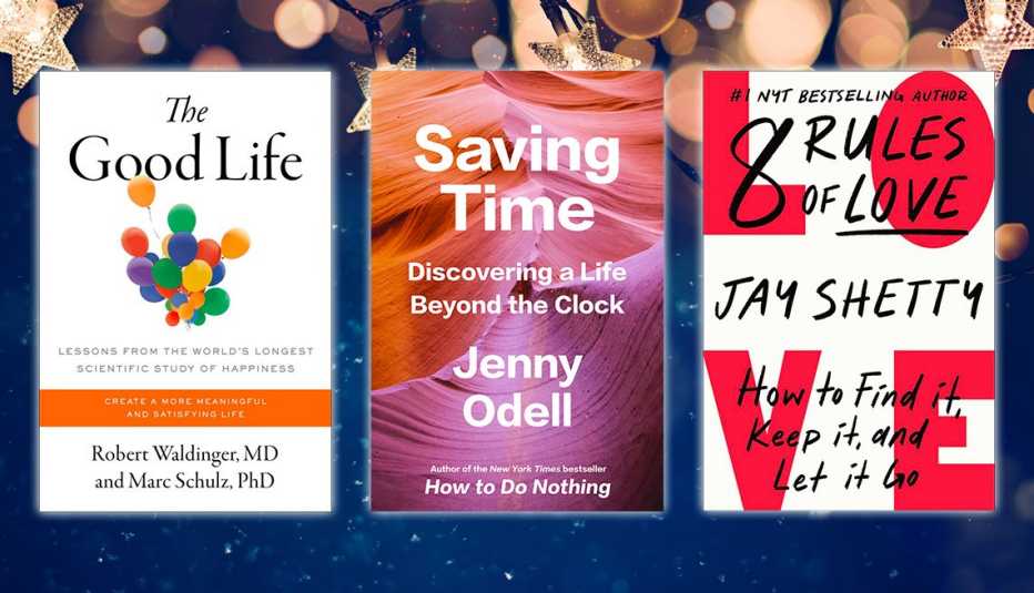 from left to right the good life by robert waldinger and marc schulz then saving time by jenny odell then eight rules of love by jay shetty