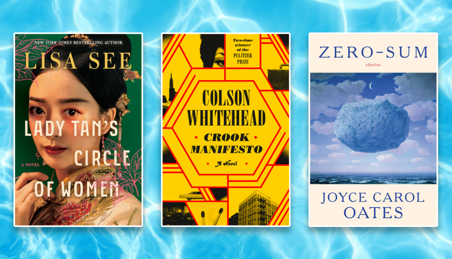 from left to right book covers lady tans circle of women by lisa see then crook manifesto by colson whitehead then zero sum by joyce carol oates