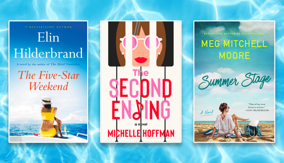 from left to right the five star weekend by elin hilderbrand then the second ending by michelle hoffman then summer stage by meg mitchell moore
