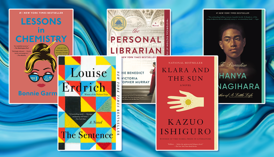 from left to right book covers lessons in chemistry by bonnie garmus then the sentence by louise erdrich then the personal librarian by marie benedict then klara and the sun by kazuo ishiguro then to paradise by hanya yanagihara