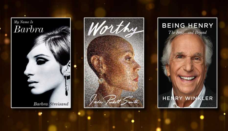 celebrity memoirs from left to right my name is barbra by barbra streisand then worthy by jada pinkett smith then being henry the fonz and beyond by henry winkler
