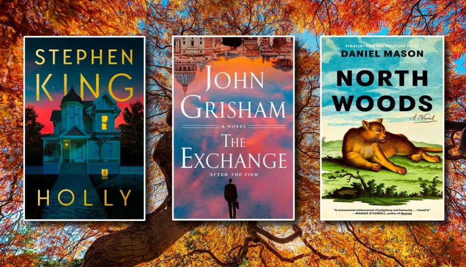 from left to right book covers holly by stephen king then the exchange by john grisham then north woods by daniel mason