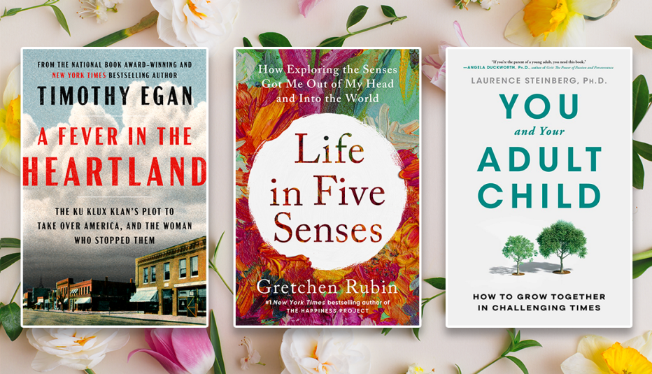 from left to right book covers a fever in the heartland by timothy egan then life in five senses by gretchen rubin then you and your adult child by laurence steinberg