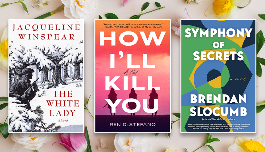 from left to right book covers the white lady by jaqueline winspear then how ill kill you by ren destefano then symphony of secrets by brendan slocumb