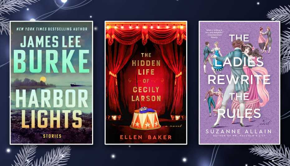 from left to right harbor lights by james lee burke then the hidden life of cecily larson by ellen baker then the ladies rewrite the rules by suzanne allain