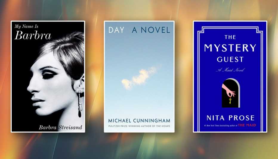 from left to right book covers my name is barbara by barbara streisand then day a novel by michael cunningham then the mystery guest by nita prose