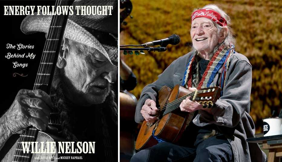 left book cover for energy follows thought by willie nelson right willie nelson in concert in indiana in twenty twenty three