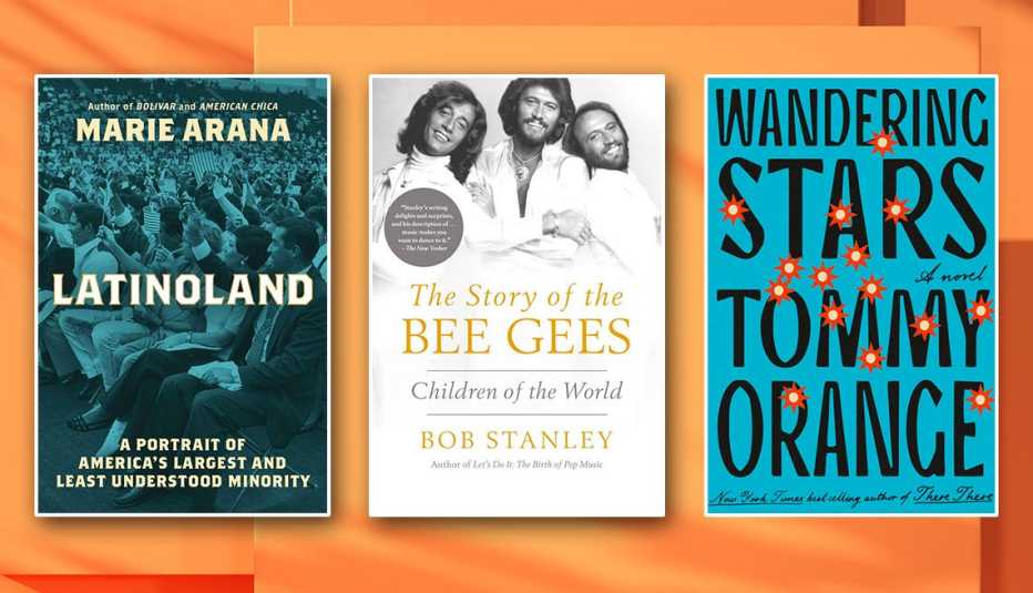from left to right book covers latinoland by marie arana then the story of the bee gees by bob stanley then wandering stars by tommy orange