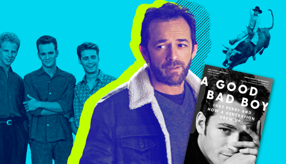 a collage of Luke Perry photos and A Good Bad Boy book cover on a blue background 