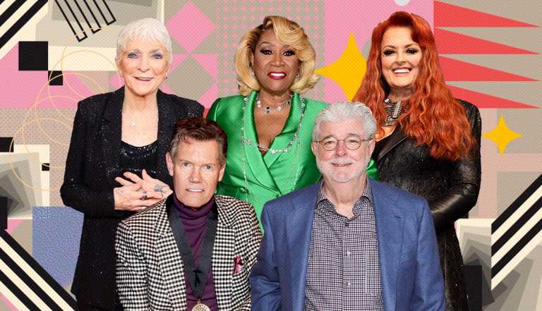 Judy Collins, Randy Travis, Patti LaBelle, George Lucas and Wynonna Judd on colorful, flashy background with all sorts of shapes and symbols